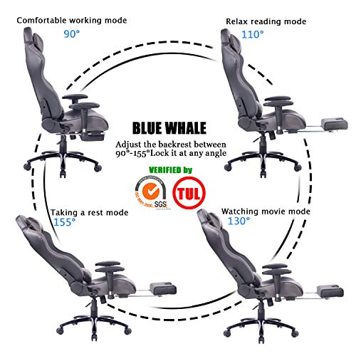 Blue Whale Massage Gaming Chair with Footrest Matel Base-Memory Foam Adjustable Backrest Reclining PC Computer Video Gamer Chair Racing High Back Game Chairs PU Leather Desk Office Chair BW/263 Grey