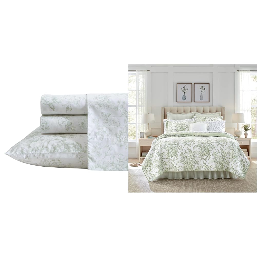 Laura Ashley - Twin Bedding Bundle, Reversible Comforter with Matching Sham & Cotton Percale Sheet Set, Deep Pocket, Dorm Essentials (Green/White)