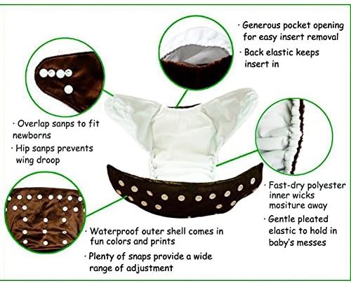 NOOYA Reusable Baby Cloth Diapers - Adjustable Snap One Size Cloth Pocket Diapers, 5 Pack Nappy Diaper Covers with 10 Absorbent Diaper Inserts