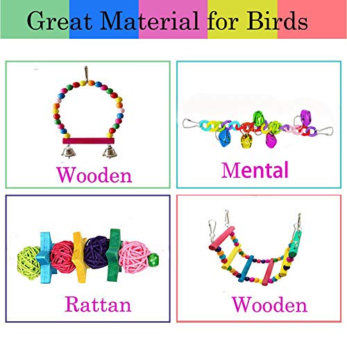 7 Pcs Bird Parrot Toys, ESRISE Hanging Bell Pet Bird Cage Hammock Swing Climbing Ladders Toy Wooden Perch Mirror Chewing Toy for Small Parrots, Conures, Love Birds, Small Parakeets Cockatiels, Macaws,