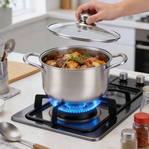 MEKOTRIN Cookware Set 8 Pieces 304 Stainless Steel, Induction Pots and Pans Set with Glass Lids, Multi-Layer Saucepans for All Kitchens, Easy Cleaning