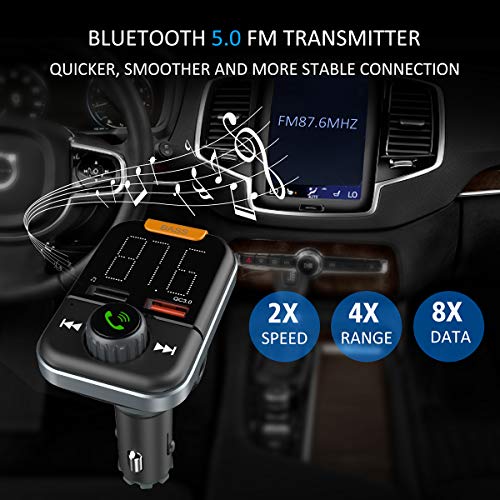 FM Transmitter with Bass Booster, Bluetooth 5.0 FM Transmitter Wireless Radio Adapter, FM Transmitter QC3.0