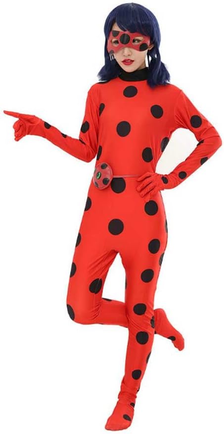 Ainclu Girls Marinette Ladybug Cosplay Costume with Bag and Mask Bodysuits Jumpsuit