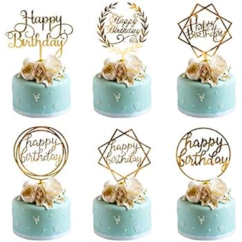 Whaline 6 Pack Happy Birthday Cake Topper Acrylic Cupcake Topper for Various Birthday Cake Decorations, Gold