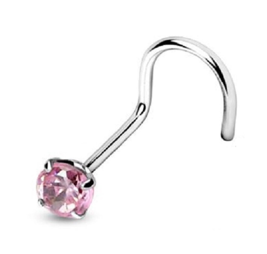 PiercedOff 316L Surgical Steel Nose Screw with Pink CZ Gem - Thickness 18GA (1mm) / Length 6mm / Gem Size 3mm