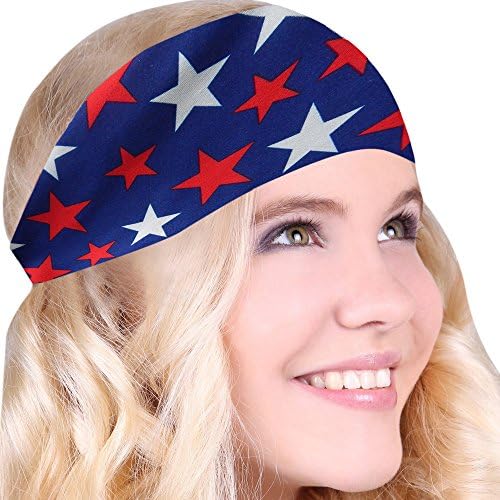 Choose From Over 30 Best No Slip Printed Headband Wicking Work Out Wide Yoga Running Cross fit Sports Comfortable Spandex Perfect Gift One Size Fits Most Made in USA … (Blue Stars)