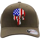 G&B Red Thin Red/Blue Line Spartan Helmet & Distressed Skull Flex Baseball Cap. Embroidered. 6277/6477 Flex Baseball Hat