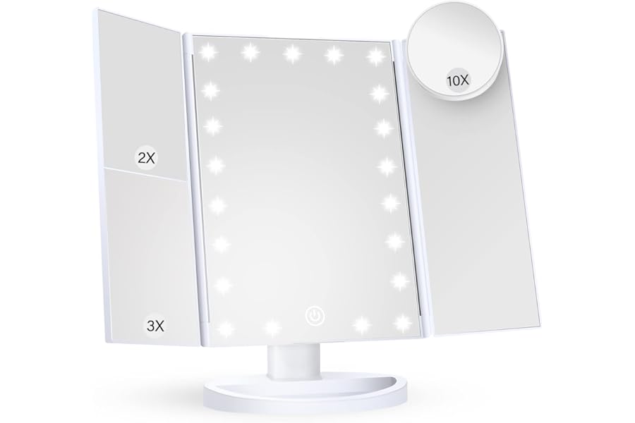 HUONUL Makeup Mirror Vanity with Lights, 2X 3X 10X Magnification, Touch Control, Trifold Mirror, Dual Power Supply, Women Gift(White)