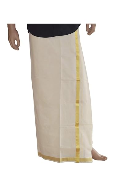 Men's Cotton Kasavu Kara Mundu 1 Inches South Indian Dhoti (Cream, Free Size)