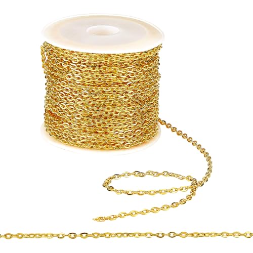 PH PandaHall 33 ft Necklace Chains 2.2mm Golden Iron Cross Chains Link Flat O-Shaped Cable Chains Craft Jewelry Chain for DIY Necklace Bracelet Jewelry Making, 3x2.2x0.6mm