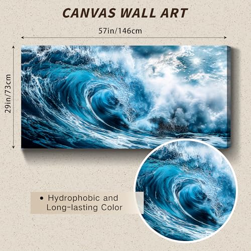 hyidecorart Large Modern Living Room Decorations, 73 x 146 cm, XXL Decorative Canvas, Wall, Bedroom, Decorative Wall Sheets, Strong Waves, Blue Wall Art, Dining Room, Office, Hallway, Bathroom