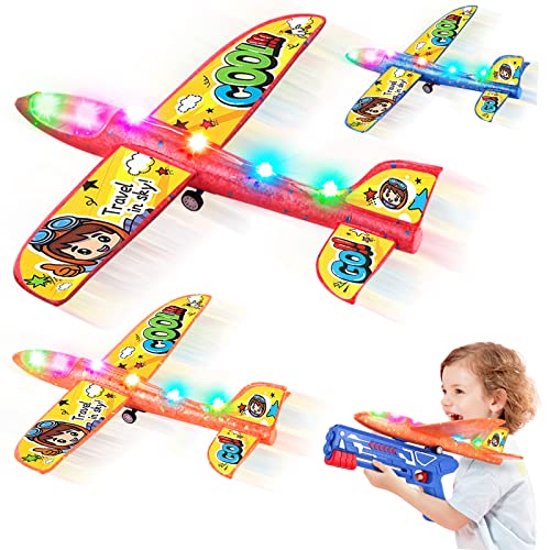FICUS 3 Pack Airplane Launcher Toys,2 Flight Modes LED Foam Plane Toys