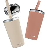 CUPKIN Toddler Tumblers, The Original 12 oz Stackable Stainless Steel Cups, Set of 2 Powder Coated Insulated Kids Water Bottle Alternative + BPA Free Lids + Reusable Silicone Straws (Brown + Peach)