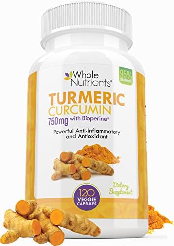 Turmeric Curcumin Herbal Supplement by Whole Nutrients with Bioperine Black Pepper Extract Contains 95% Standardized Curcuminoids, 120 Vegetarian Pills with 750 mg, Natural Antioxidant
