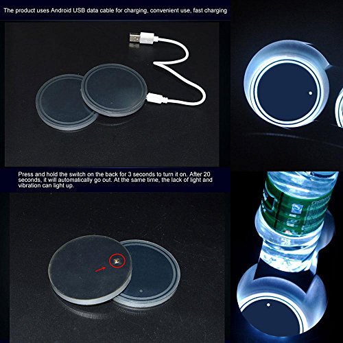 niceeshop LED Car Cup Holder Lights, (TM) 2PCS Waterproof Bottle Drink Coaster Mat Pad Built-in Light & Vibration Sensor USB Rechargeable Light for Car/SUV/Truck/Boat, 8 Colors