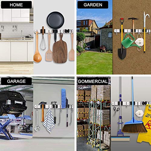 VIAV 2 Pack Mop Holder Wall Mounted, Stainless Steel Broom Hanger with 3 Position 4 Hooks, Garage Tools Organizer Rack Storage for Kitchen Bathroom Garden