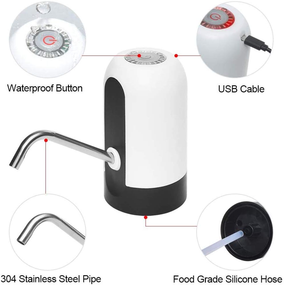 Water Bottle Pump 5 Gallon, CHIVENIDO Electric Drinking Water Pump for 48mm Screw and 55mm Crown Tops Water Jug Dispenser Smart USB Rechargeable Bottle Water Pump for Home Kitchen Office (White1) - - 