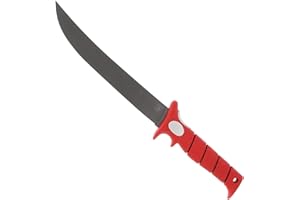 BUBBA 9" Serrated Flex Knife with Non-Slip Grip Handle, Offset Full Tang Stainless Steel Blade, Lanyard Hole and Synthetic Sheath for Fishing