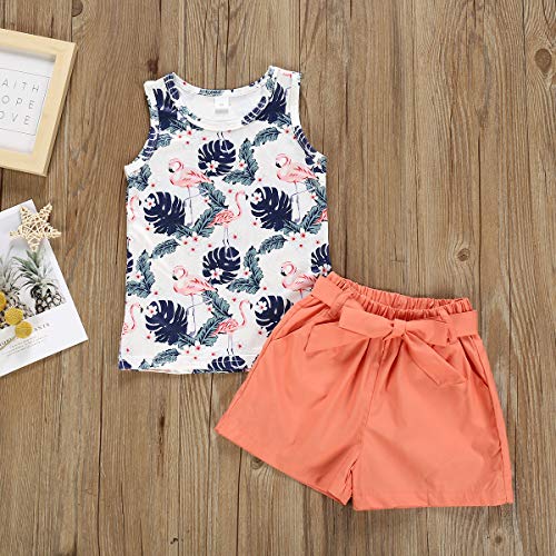 Toddler Baby Girl Flamingo Outfits Palm Print Vest Tank Top+Bows Waistband Shorts Pants Summer Outfits Set (Flomingos Brown, 4-5 Years)