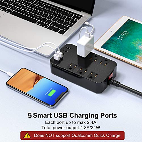 Power Bar Surge Protector - 6-Outlet Surge Protector with 5 USB Ports Fast Charging (4.8A) UL Listed, 6Ft Long Extension Cord Flat Plug Wall Mountable, 1700 Joules for iPhone iPad Home Dorm Office Laptop Computer