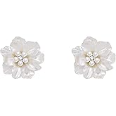 Charm Pearl Flower Stud Earrings for Women, Chunky Resin Cluster Pearls Floral Dangle Statement Earrings Trendy Aesthetic Prom Camellia Jewelry