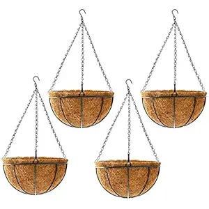 Hanging Plant Basket Flower Holder (4pack, 14 inch)-Metal Wire Round Hanging Basket Planter with Coco Fiber Liners for Plants Flower Potss Indoor Outdoor Garden Porch and Balcony Decor