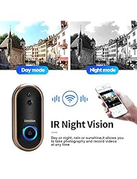 Lansidun - Timbre de vídeo inteligente con WiFi 720P HD de 2 vías para hablar en casa con tarjeta de almacenamiento de 16 GB, almacenamiento gratuito en la nube, 2 pilas recargables, control de aplicación para iOS, Android, Google, Dorado