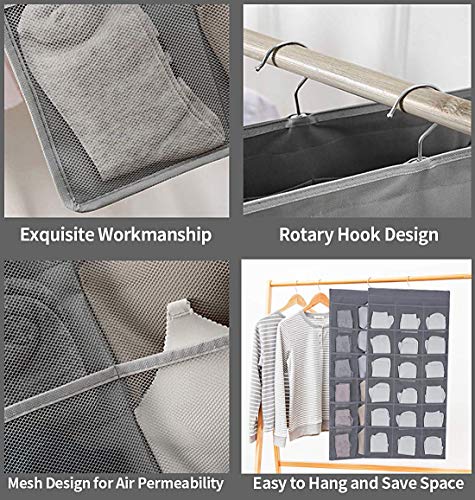 Hanging Closet Organizer, Dual-Sided 30 Pockets Wall Shelf Wardrobe Storage Bags for Underwear, Stocking, Bra and Sock, Mesh Pocket with Metal Hanger - Gray