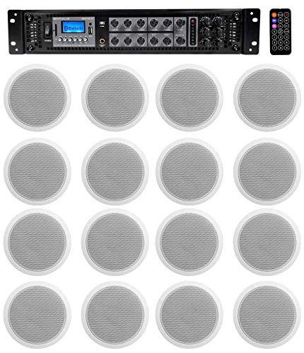 Rockville 6-Zone Amp+16 White 6″ Ceiling Speakers for Restaurant/Bar/Cafe/Office