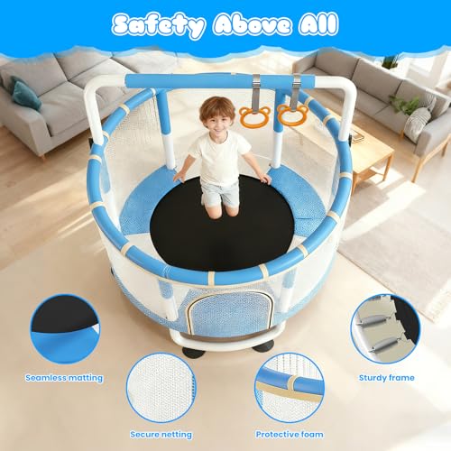 AM ANNA Kids Trampoline with Safety Net, 140 cm, 3-Height Adjustable Bar, Indoor/Outdoor, Multi-Toy Bundle