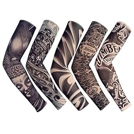 Temporary Fake Slip On Tattoo Arm Sleeve Cycling Basketball Sun Block Sleevelet for Men and Women (Unisex Dark Set, Pack of 5)