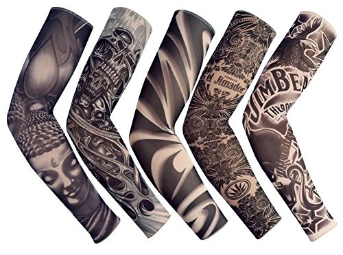 Temporary Fake Slip On Tattoo Arm Sleeve Cycling Basketball Sun Block Sleevelet for Men and Women (Unisex Dark Set, Pack of 5)