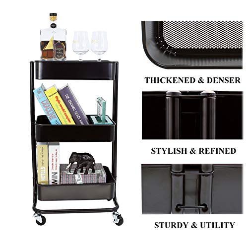 Ovicar 3-Tier Metal Rolling Utility Carts, Heavy-Duty Storage Shelves, Trolley Organizer with Handles and Wheels for Office Home Kitchen Bathroom Organization, Black