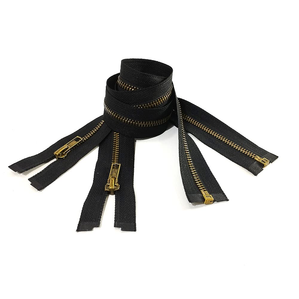 Pack of 2 Aged Brass Zippers 50cm, Zipper for Sewing, Clothing, Crafts, Black and Golden Zipper, #5 (50cm, 332)