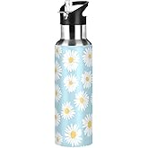 Daisy Water Bottles Daisies Water Bottle Flower Sunflower Water Bottles Kids Daisy Print with Straw Lid Leakproof Insulated Stainless Steel Water Flask 20 oz