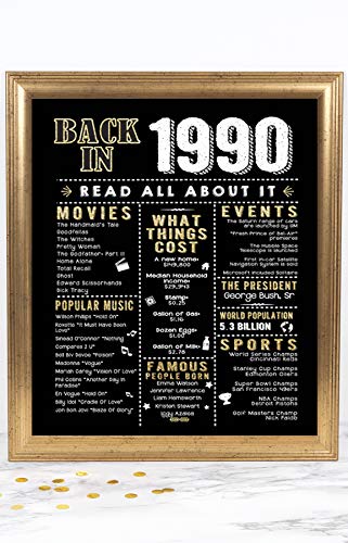 Katie Doodle 30th Birthday Decorations Party Supplies Gifts for Women or Men | Includes 8x10 Back in 1990 Print [Unframed], BD030, Black/Gold