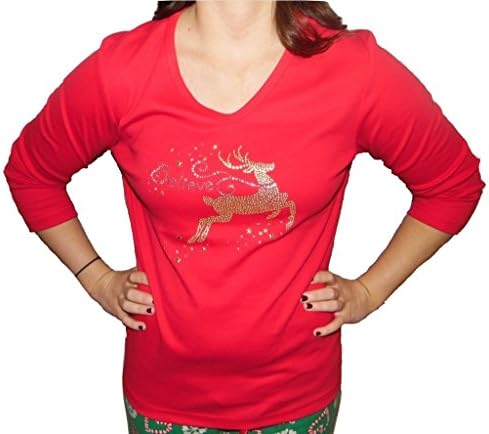 Cactus Bay Clothing Women's Christmas Believe Reindeer 3/4 Sleeve Shirt Large Red