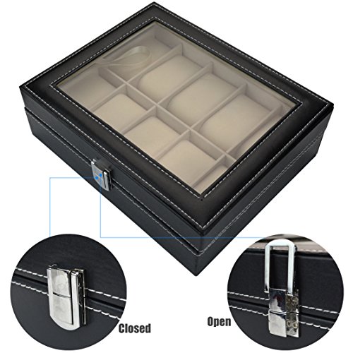 Aketek Watch Box 10 Mens Black Leather Display Glass Top Jewelry Case Organizer - Thumbnail 6