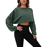 Meladyan Women Long Sleeve Crewneck Crop Top Sweatshirt Casual Solid Loose Fit Workout Cropped Pullover Tops Dark Green, X-Large
