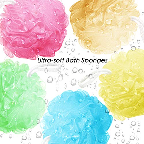 Bath Sponges Bath Loofahs Mesh Pouf Shower Wash Ball Large 5 Packs 60g Each Soft Eco-Friendly for Men& Women Cleanse, Smooths Skin, Exfoliating