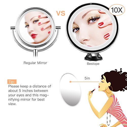 BESTOPE Makeup Mirror 10x Magnifying 16 Led Vanity Mirror with 360°Rotation Locking Suction, Battery Operated, Cordless Portable Natural Dimmable Bathroom Mirror