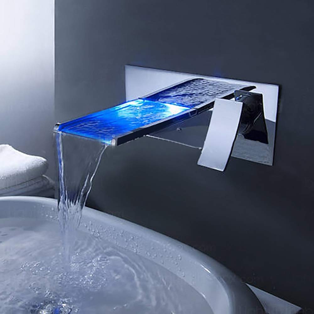 WOOLIY Salle De Bains Moderne Évier Chromé Mitigeur De Lavabo Mural Cascade LED Double