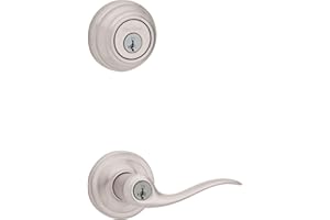 Kwikset 991 Tustin Entry Lever and Single Cylinder Deadbolt Combo Pack featuring SmartKey in Satin Nickel, Model Number: 99910-040