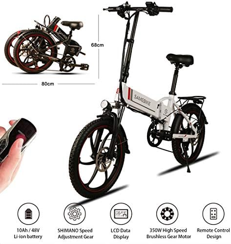 Samebike Electric Bike with Remote Control 20'' Aluminum Pro Smart Folding Portable E-Bike,48V 10AH Lithium Battery,with LCD Data Display Phone Holder,USB 2.0 Charging Port,25lbs