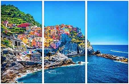 3 Pieces Modern Canvas Painting Wall Art Picture For Home Decoration Cityscape Traditional Port Mediterranean Sea Cinque Terre Italy Coast Landscape Print On Canvas Giclee Artwork Wall Decor