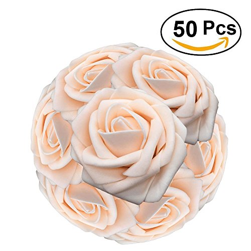 Lmeison Artificial Flower Rose 50pcs Real Looking Artificial Roses w/Stem for Bridal Wedding Bouquets Centerpieces Baby Shower DIY Party Home Décor,Champagne - Thumbnail 6
