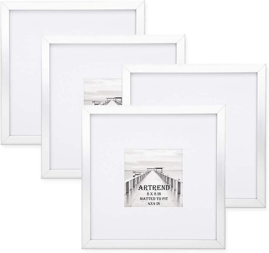 ARTrend Picture Photo Frames 8x8 with 4x4 Mat,4 Pack,Silver