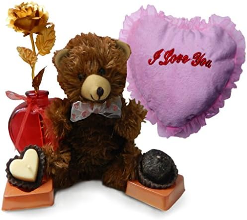Valentines Day Gifts Bundle: Scented Candles (2), 9" Brown Teddy Bear, Heart Shaped I Love You Pillow, Gold Rose with Red Heart Vase -Love Gifts for Wife, Girlfriend, Mother, Daughter, Friend