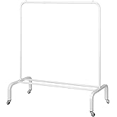 JIUYOTREE Metal Clothing Rack with Wheels, 43.3 Inches Rolling Clothes Garment Coat Rack with Bottom Shelf, Clothing Rack for Hanging Clothes, Coats, Skirts, Shirts, Sweaters, White