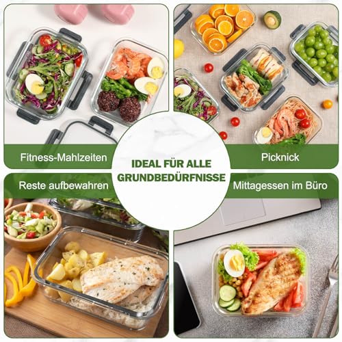 YASHE Glass Container with Lid, 10 Pieces, Stackable & Airtight Meal Prep Boxes, Glass for Dishwasher-Safe, Microwave & Freezer Safe, Leak-Proof, BPA-Free Glass Jars with Lid Set